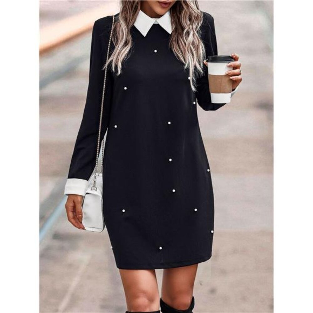 Women's Contrast Collar Beaded Pearl Dress